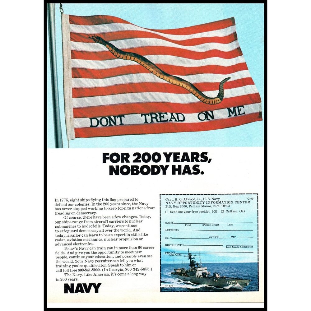 1976 US Navy Recruiter Recruiting Vintage Print Ad Don't Tread on Me Flag Photo